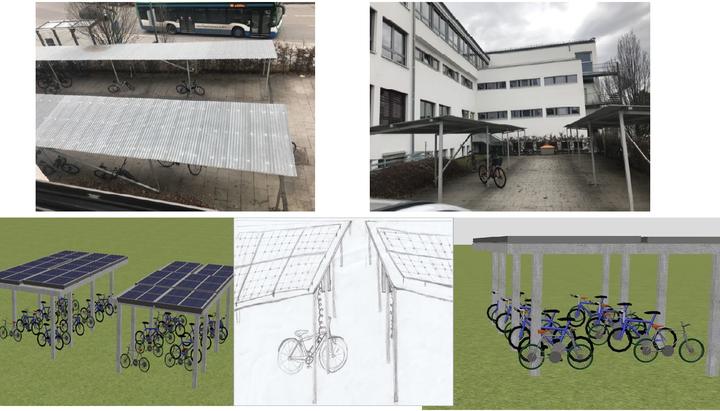 Skizzen und Überlegungen zur Errichtung einer E-Bike-Ladestation und Belegung der Radl-Abstellflächen mit PV-Paneelen beim Gym-nasium ( P-Seminar Fairtrade des Gymnasiums Starnberg) 