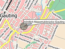 Geografische Karte der Badestelle Würm, nördlich Nepomuckbrücke Gauting