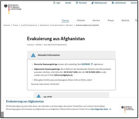 Informationen des Bundesamts für Migration und Flüchtlinge - Evakuierung aus Afghanistan